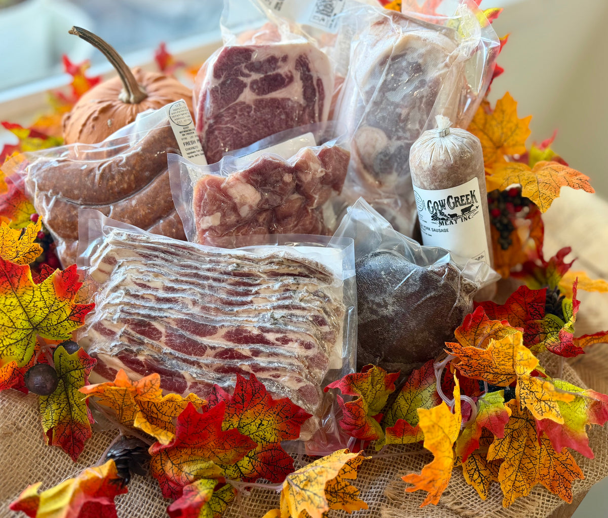Cow Creek Meat $99 fall farm raised pork box. Frozen USDA home raised pork cuts