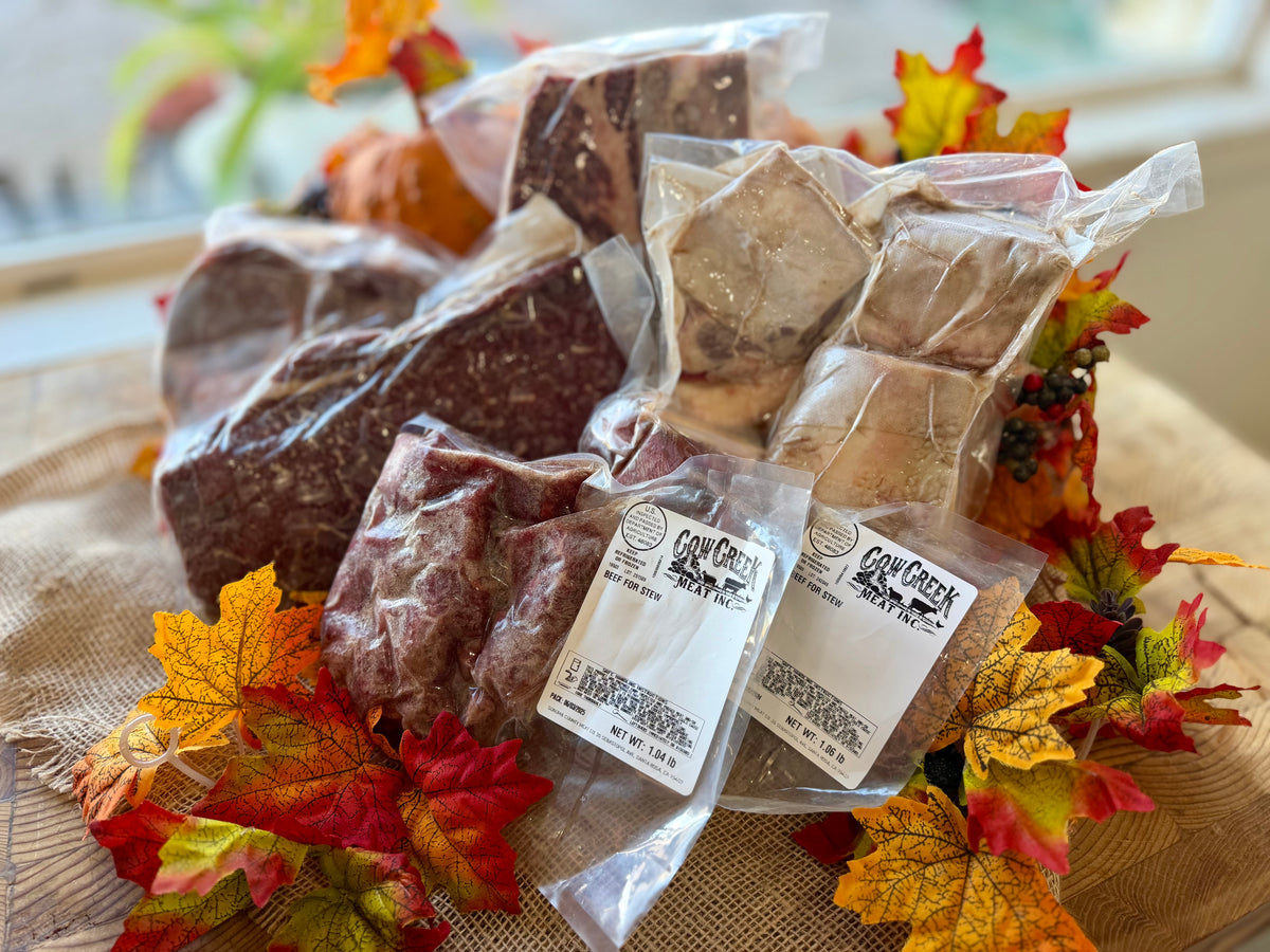Cow Creek Meat $99 fall farm raised beef box. Frozen USDA cuts from home raised beef.