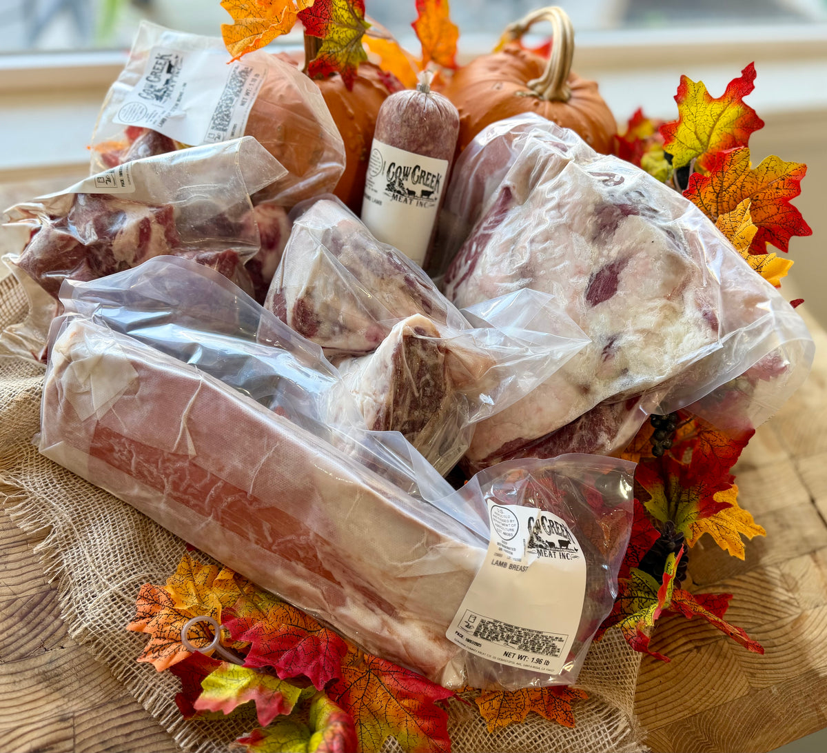Cow Creek Meat $99 fall lamb meat box with leg roast breast and stew meat. frozen USDA cuts of lamb. ground lamb